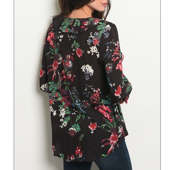 Black long sleeve yolk-tie floral tunic, sz M - Picture 4 of 8